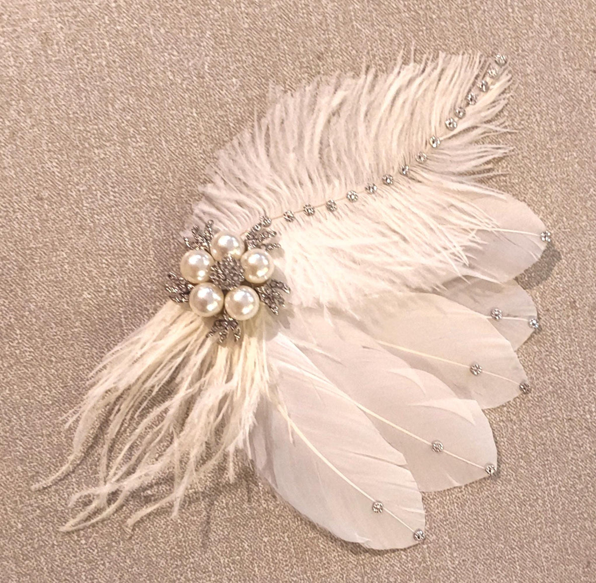 Bridal Feather Fascinator: Ivory Pearl Crystal Hair Clip