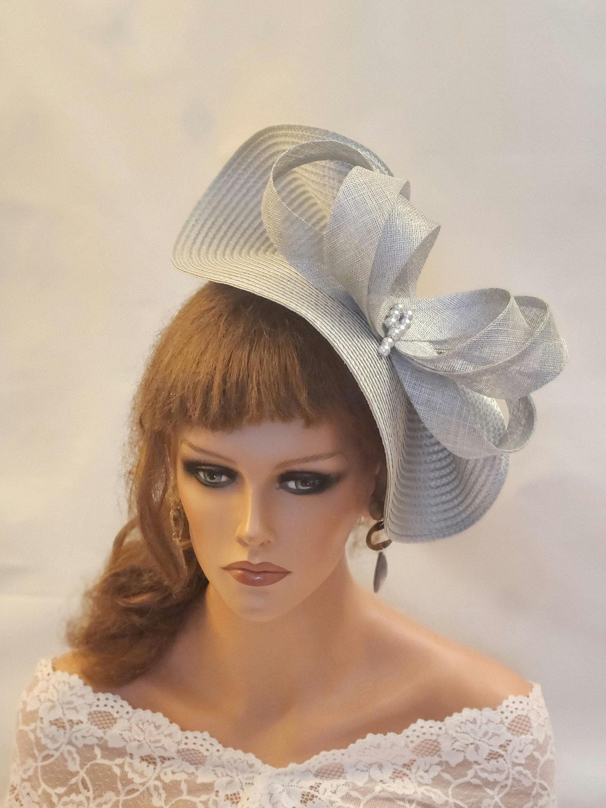 Silver Grey Sinamay Fascinator: Feather Bow Hatinator