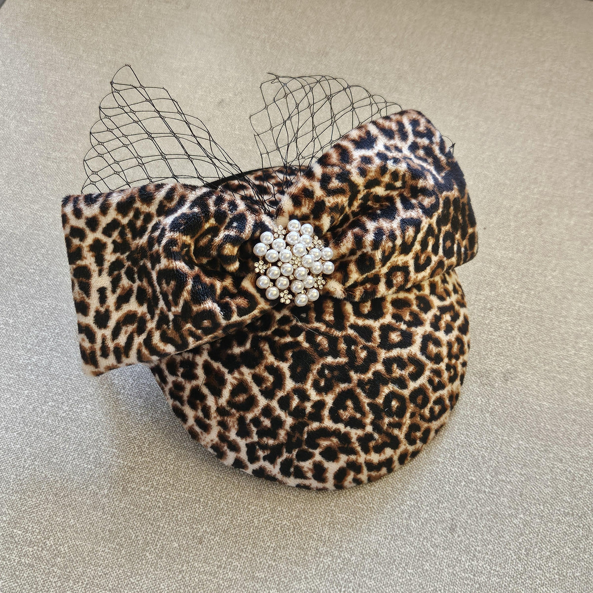Lady Womens Dress Fascinator Velvet Hat Vintage 40s 50s Hat. Animal print Brown Hat fascinator birdcage veil Party Wedding ASCOT GOODWOOD