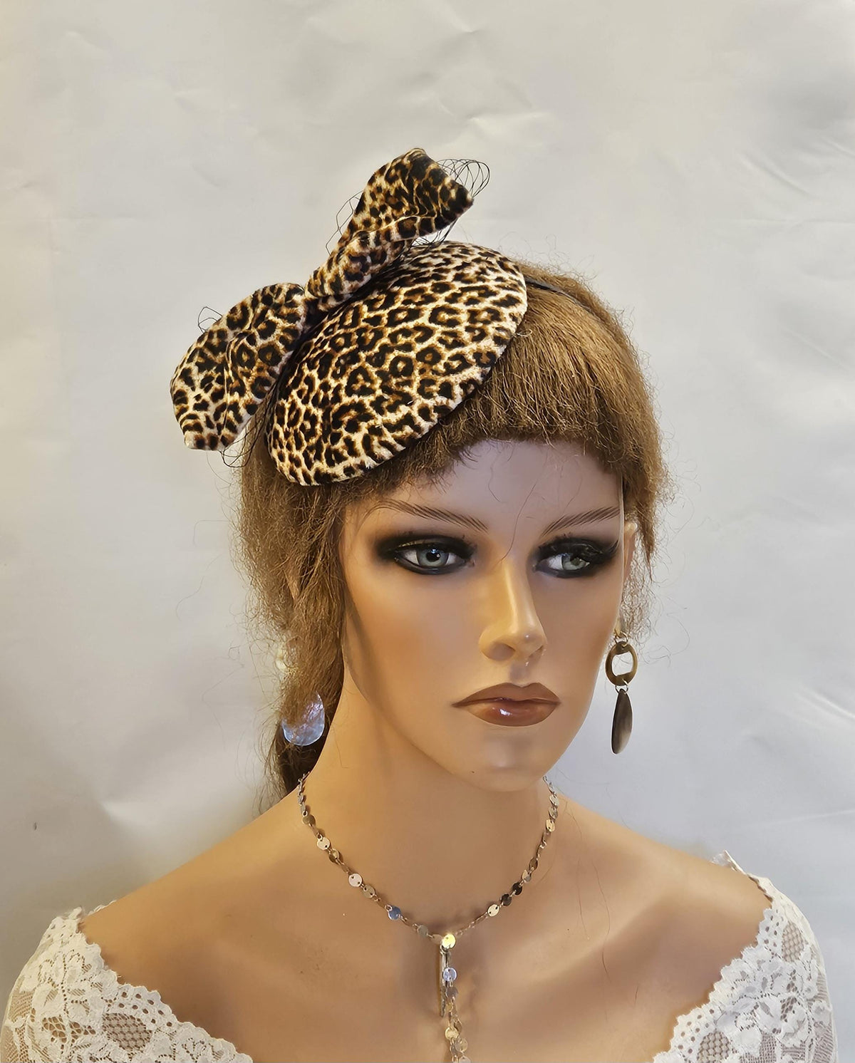 Animal Print Fascinator Hat, Brown Black, Pearl Jewel, Birdcage Veil