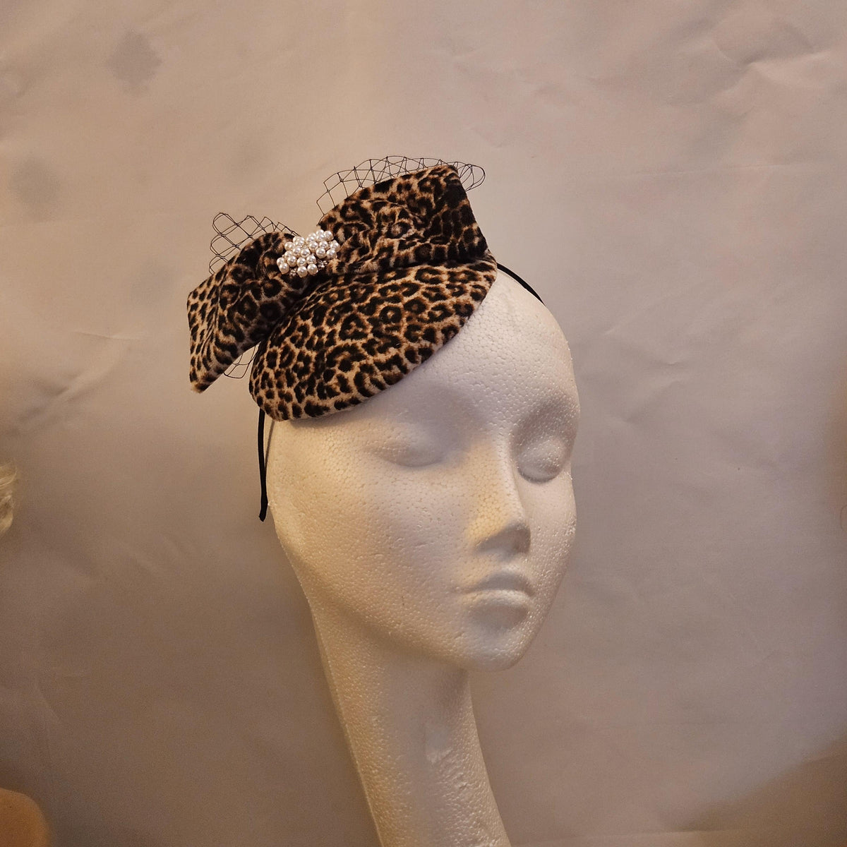 Animal Print Fascinator Hat, Brown Black, Pearl Jewel, Birdcage Veil