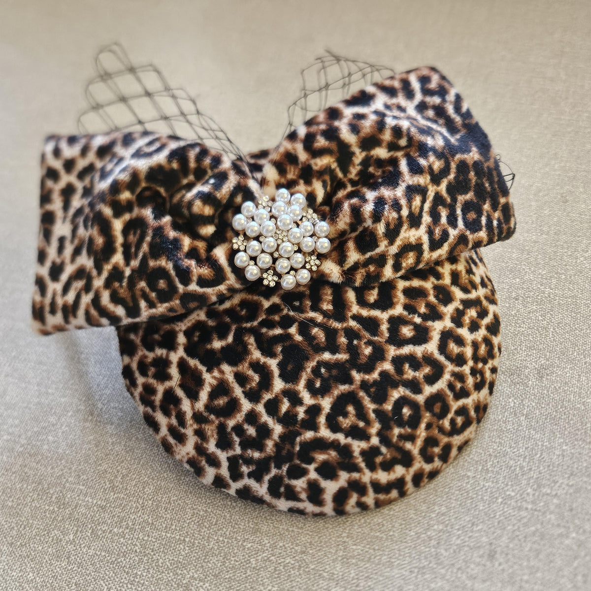 Animal Print Fascinator Hat, Brown Black, Pearl Jewel, Birdcage Veil