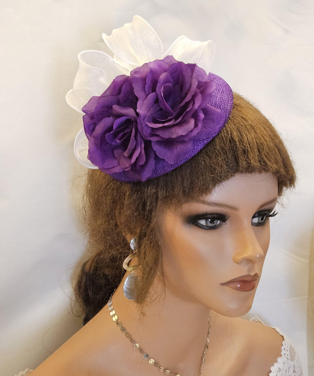 Purple Organza Bow Floral Fascinator Hat, Vintage Style Wedding Hatinator