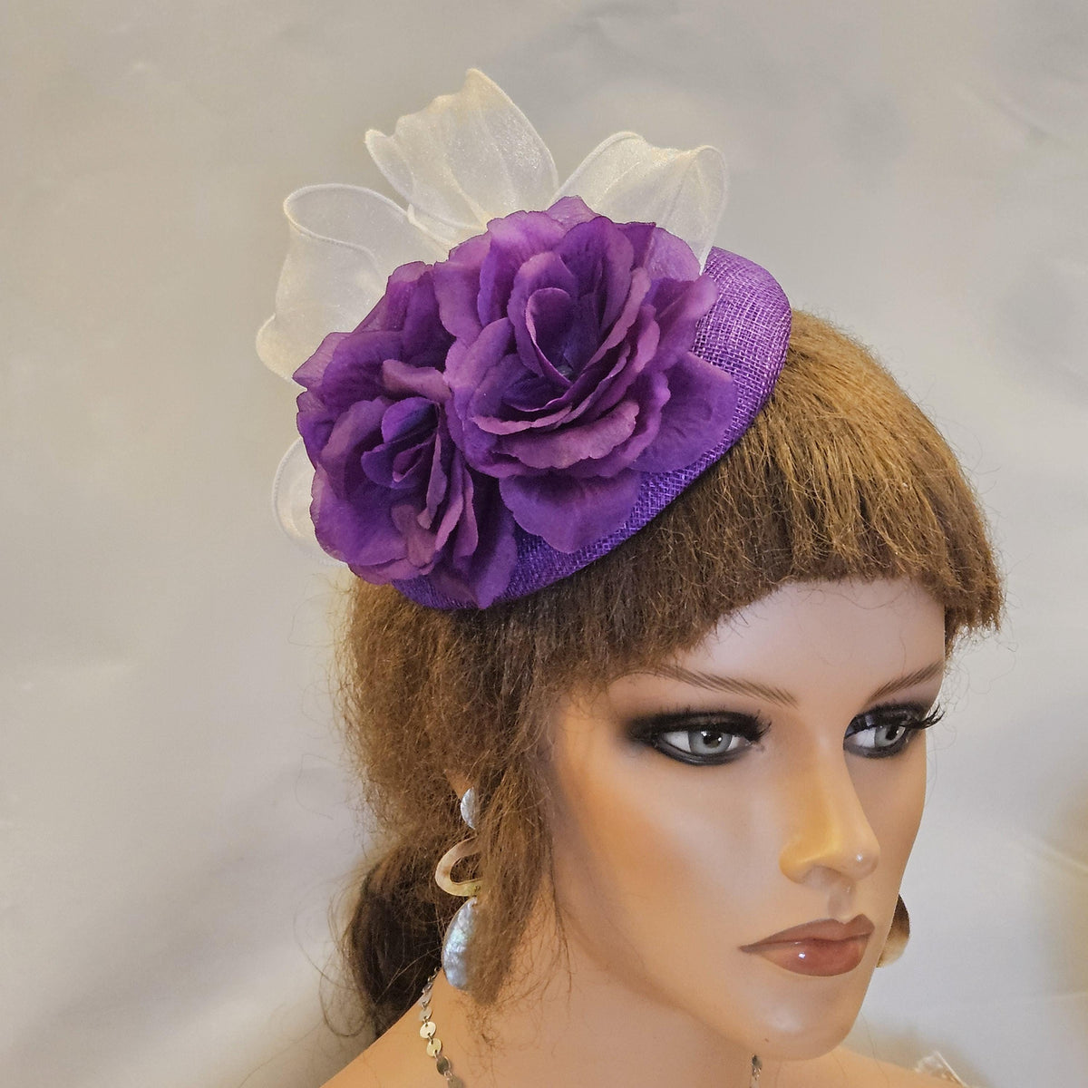 Purple Organza Bow Floral Fascinator Hat, Vintage Style Wedding Hatinator