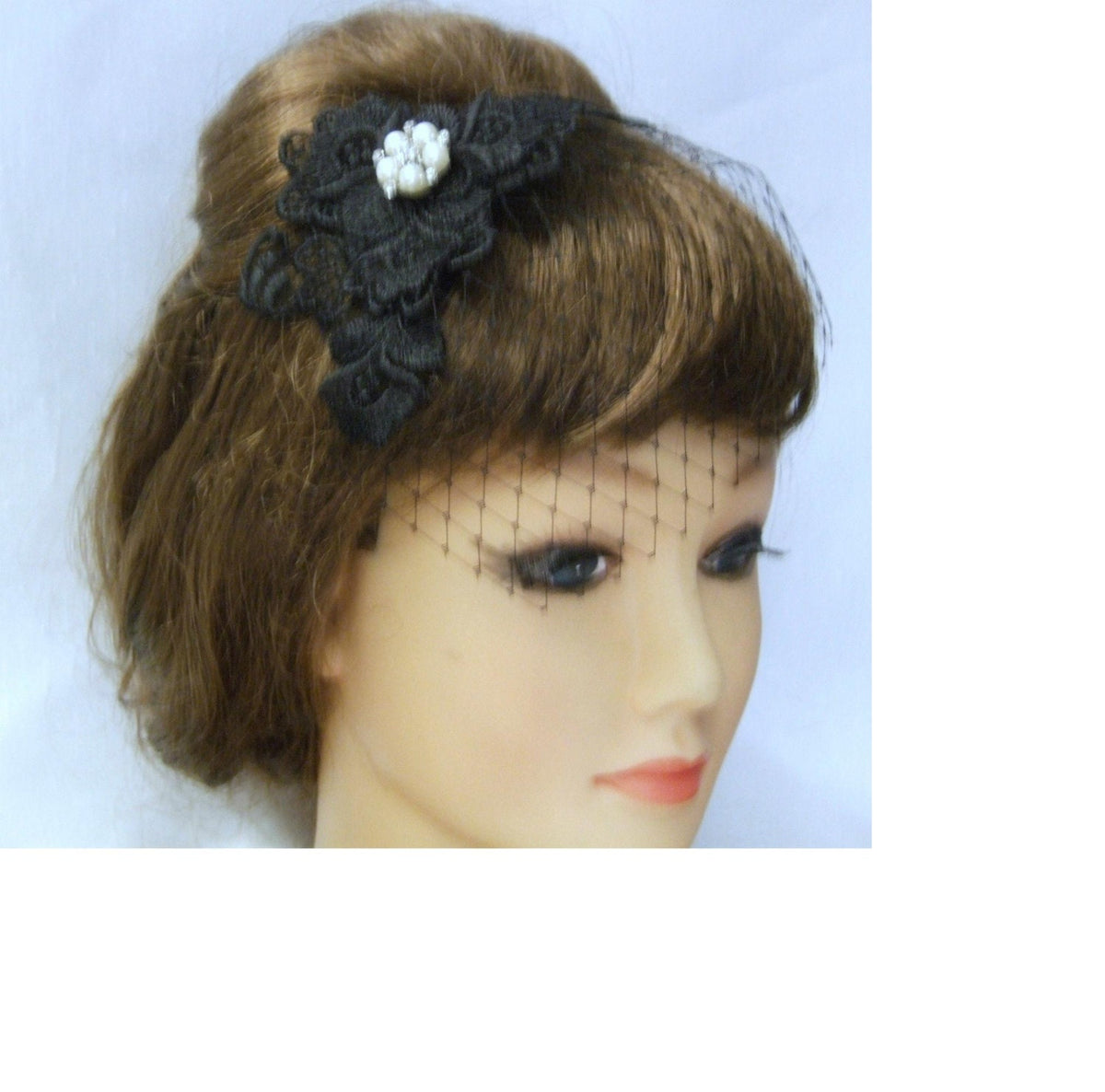 Black Lace Fascinator, Jewel Wedding Headpiece, Birdcage Veil