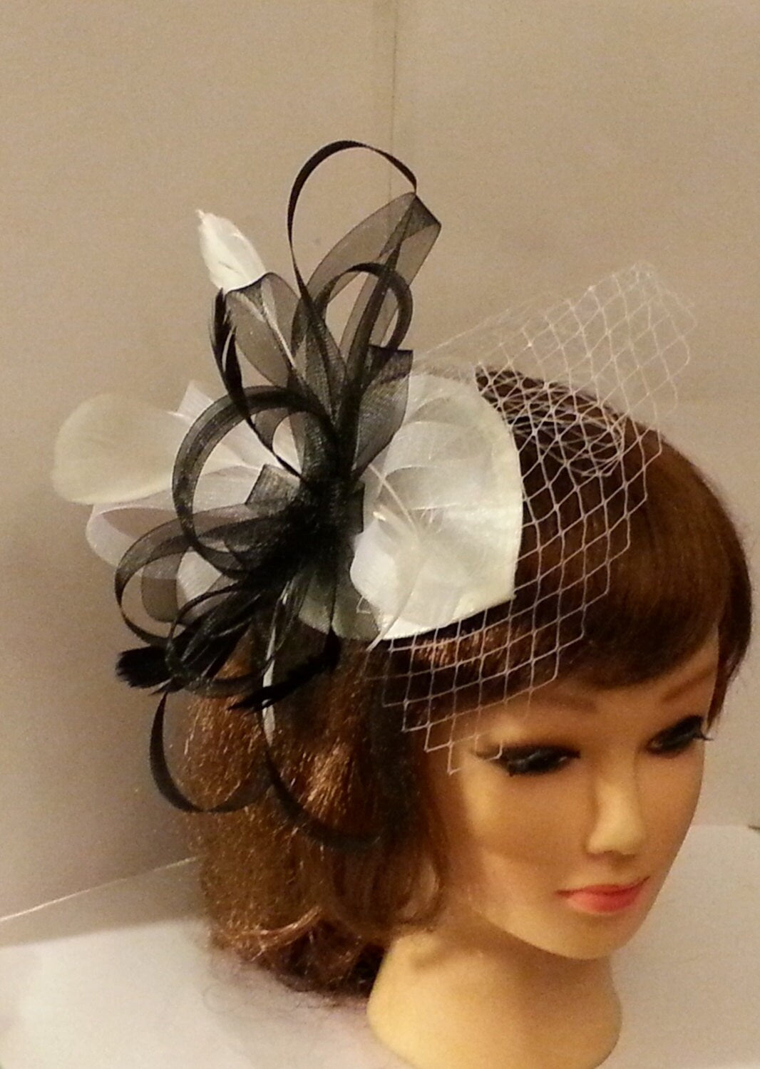 Teardrop Fascinator Hat, Crinoline Loops, French Net Veil