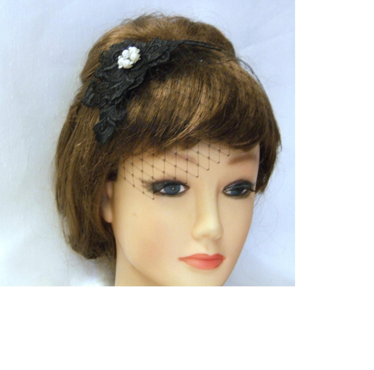 Black Lace Fascinator, Jewel Wedding Headpiece, Birdcage Veil