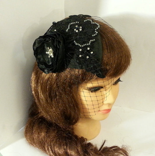 Black Floral Fascinator Vintage Cocktail Party Headpiece 1940s-50s Fascinator with mini Veil, Teardrop hat