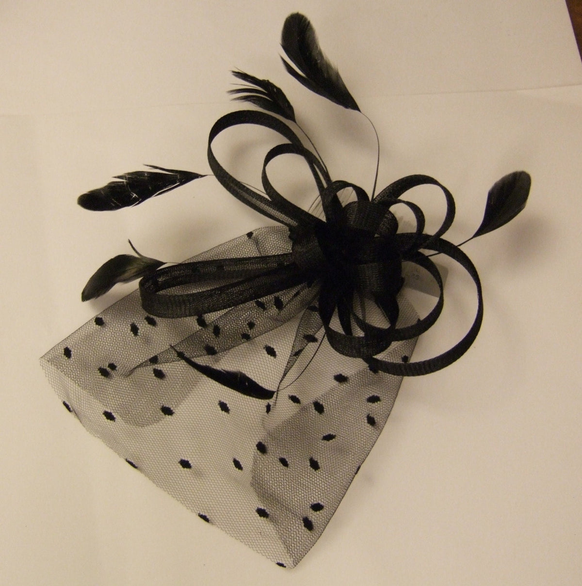 Vintage Black Feather Fascinator, Mini Tulle Veil, Wedding Hairpiece