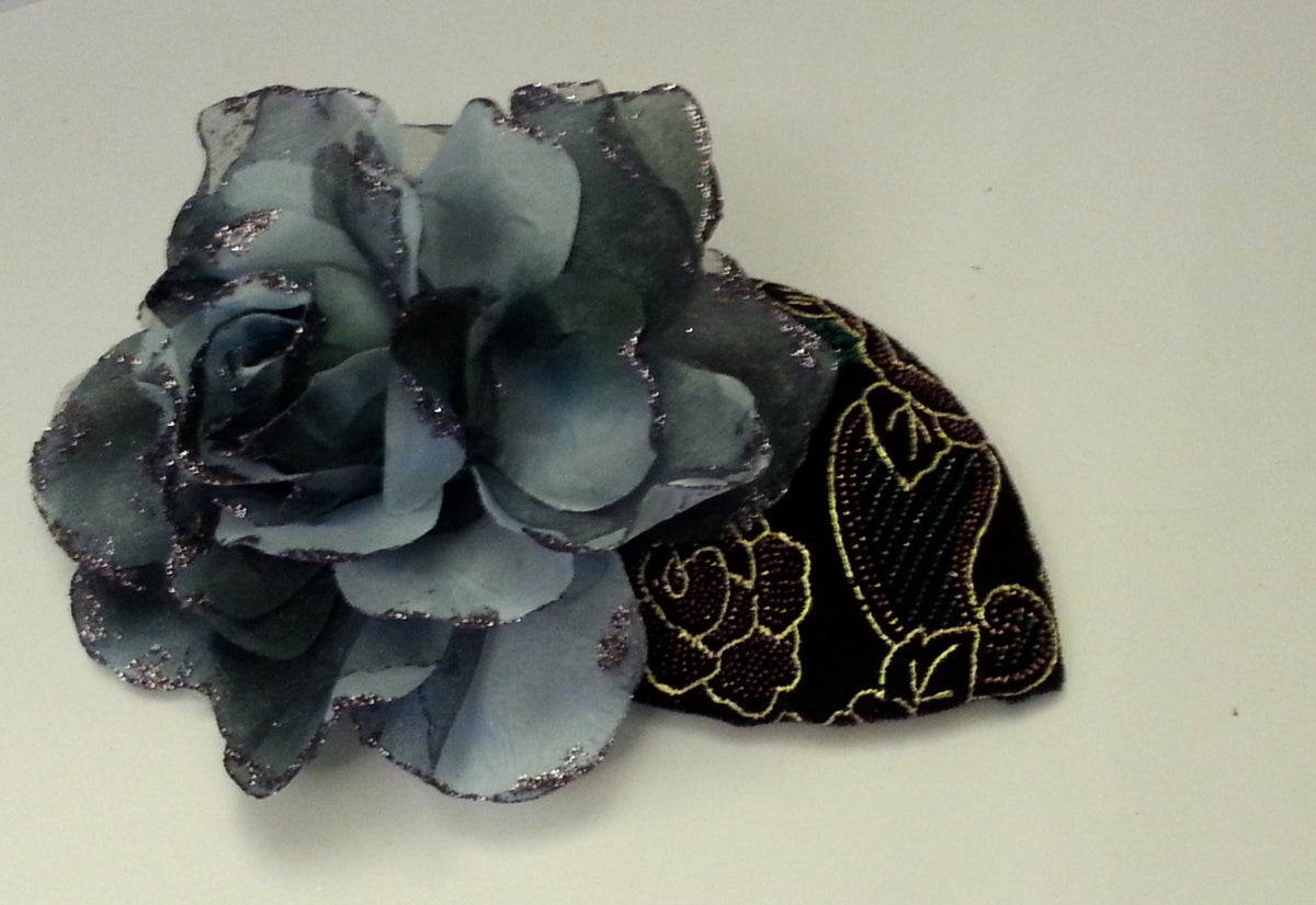 Black Velvet Teardrop Fascinator Hat, Silver Grey Flower, Ascot Race Hat