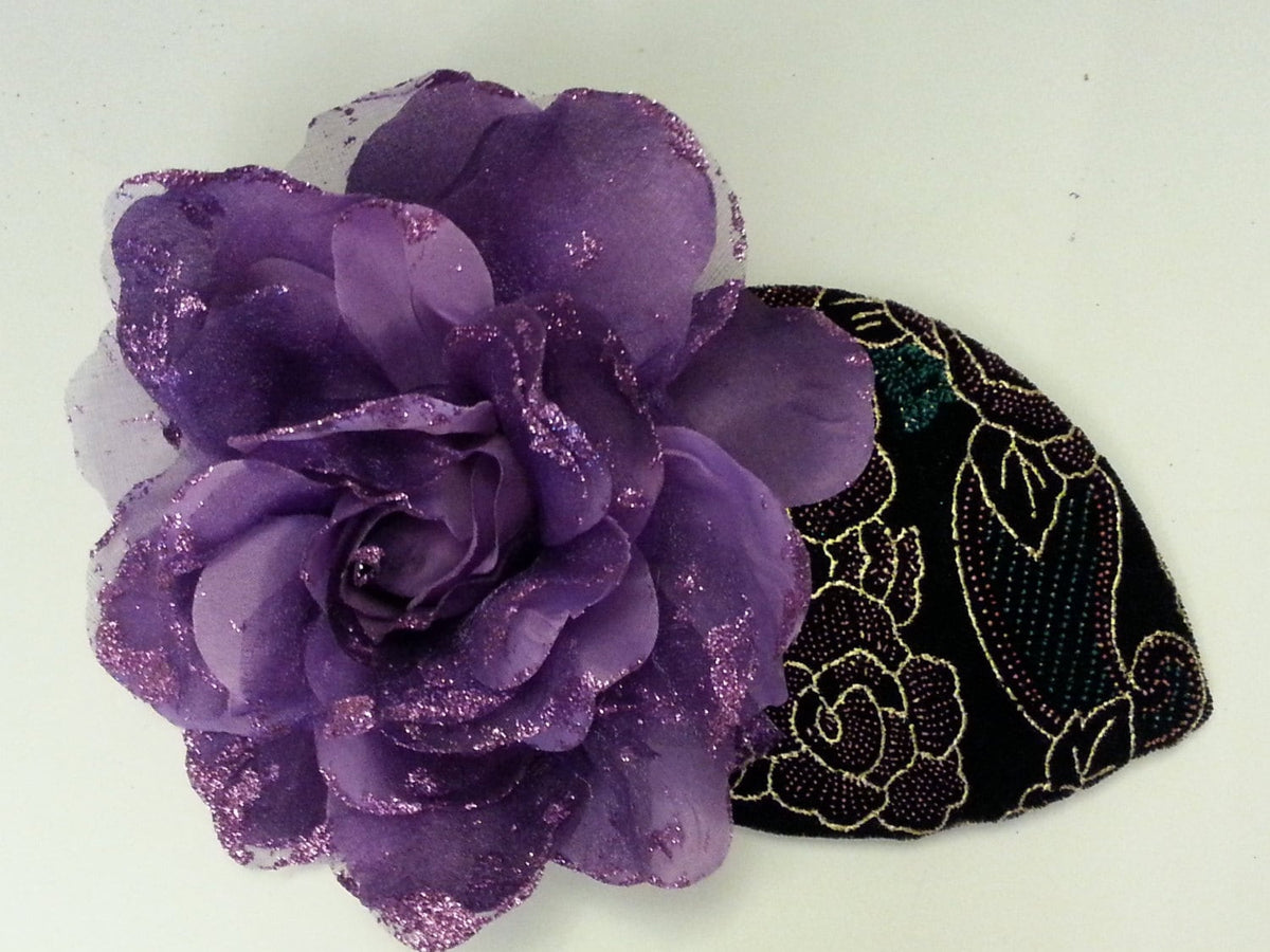 Black Velvet Teardrop Fascinator, Purple Flower, Ascot Hat