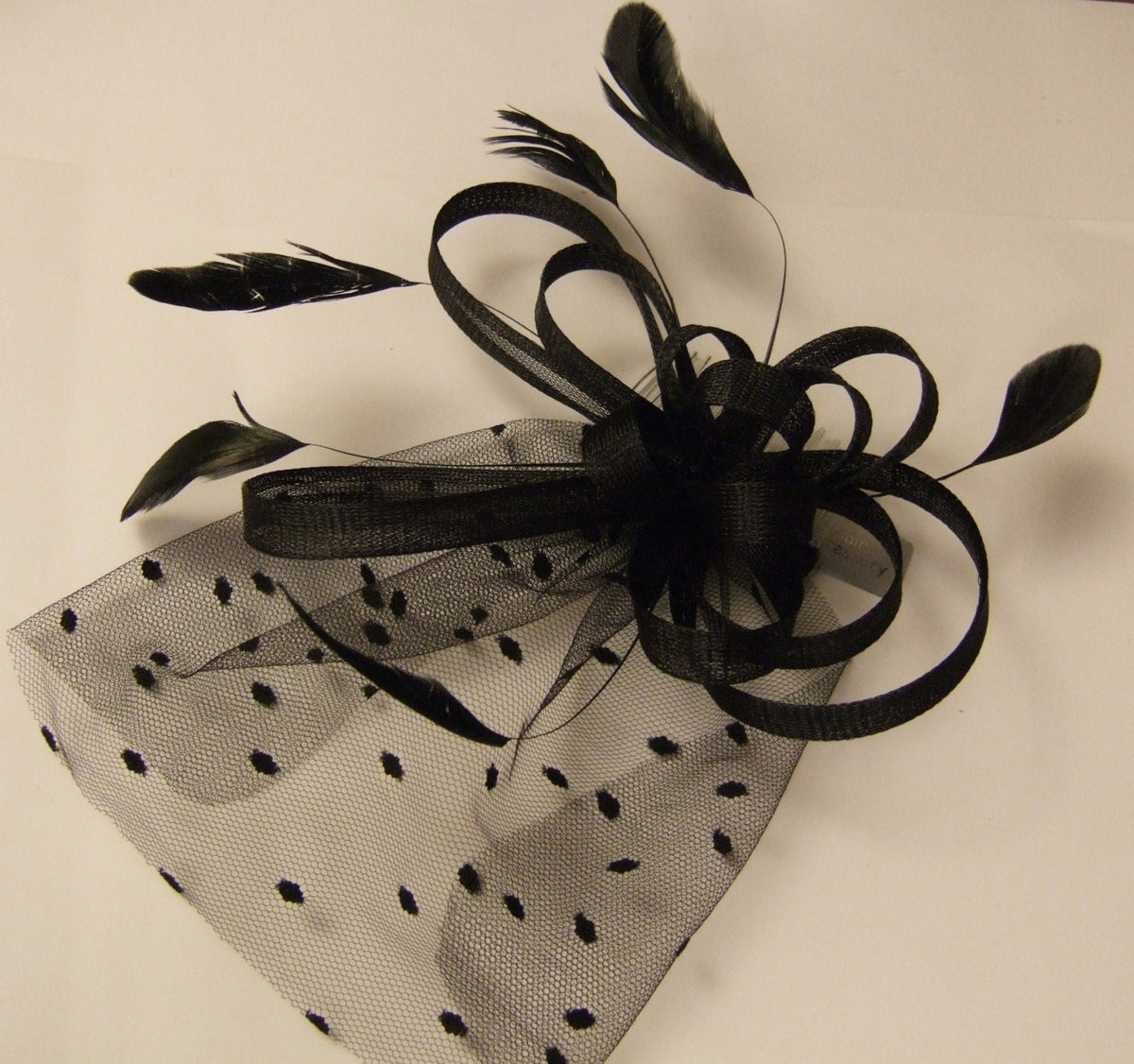 Vintage Black Feather Fascinator, Mini Tulle Veil, Wedding Hairpiece