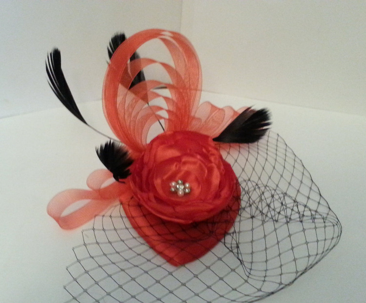 Red Teardrop Fascinator Hat: Rose, Rhinestone, Birdcage Veil