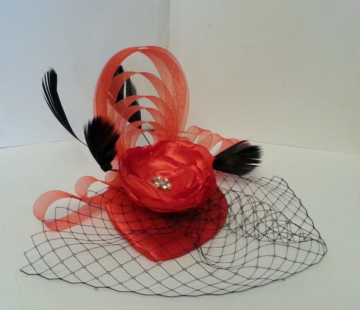 Red Teardrop Fascinator Hat: Rose, Rhinestone, Birdcage Veil