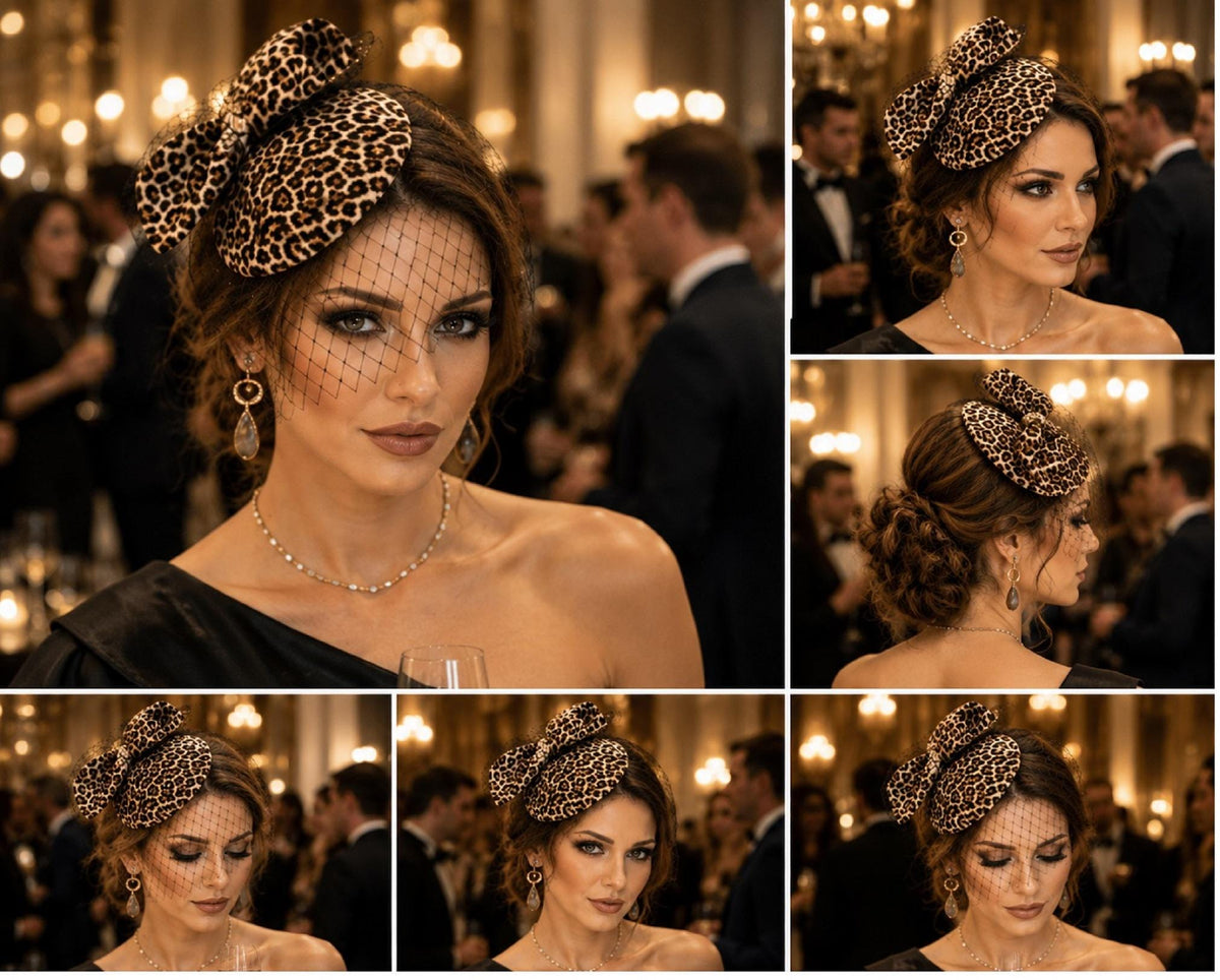 Animal Print Fascinator Hat, Brown Black, Pearl Jewel, Birdcage Veil