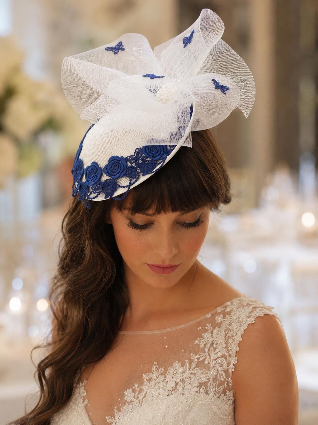 Ivory White Fascinator: Blue Floral Embroidery, Crinoline Bow, Pearl Jewel (Alice Band)