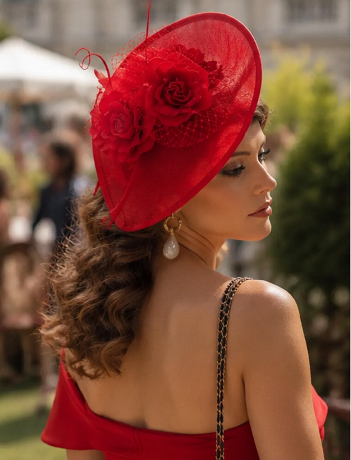 Red Fascinator Hat with Velvet Roses, Quill Feather , French Netting – Wedding, Ascot & Cocktail Party