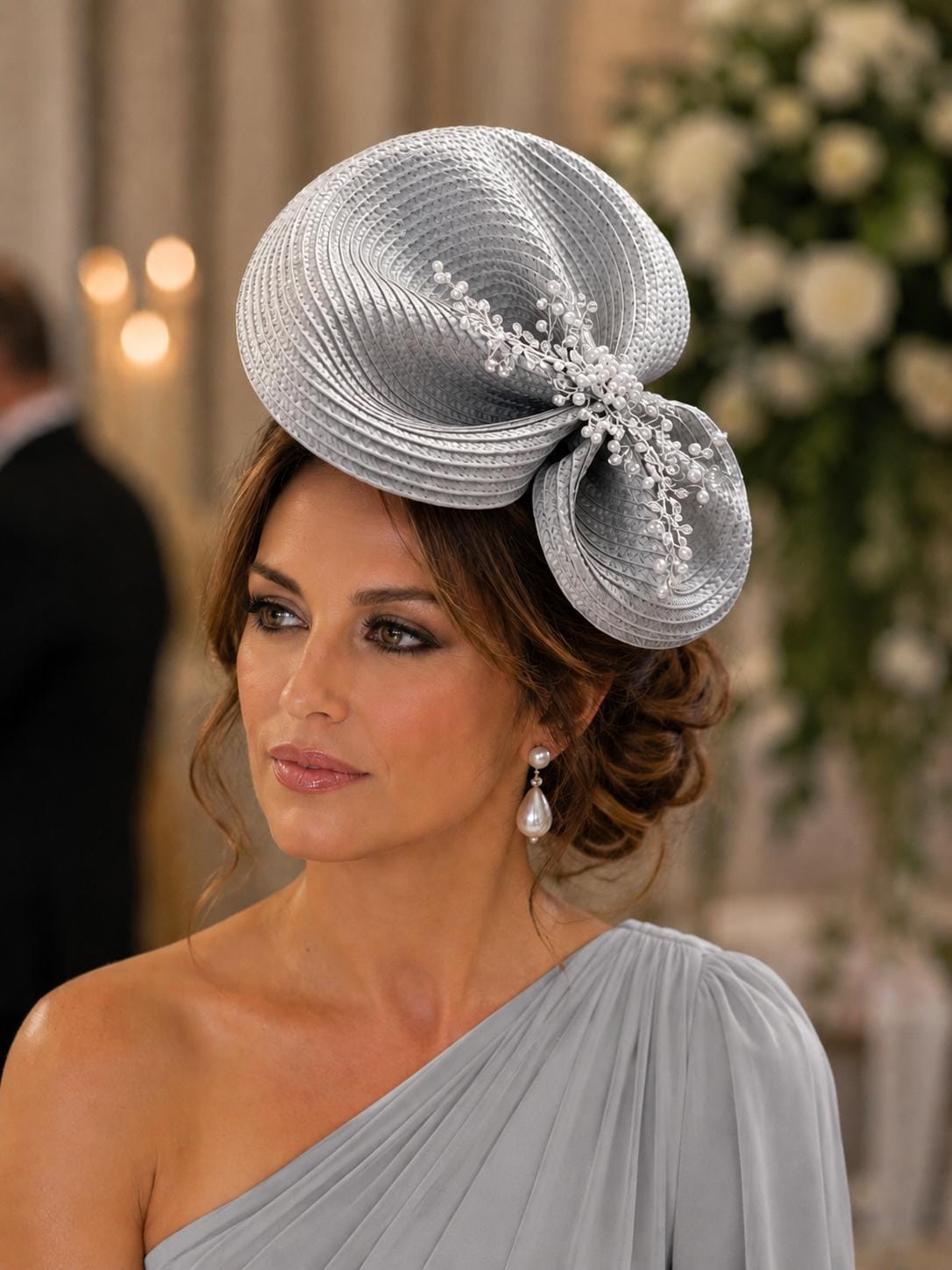 Silver Grey Fascinator Hat: Crystal Pearl Vine, Derby Ascot Headpiece