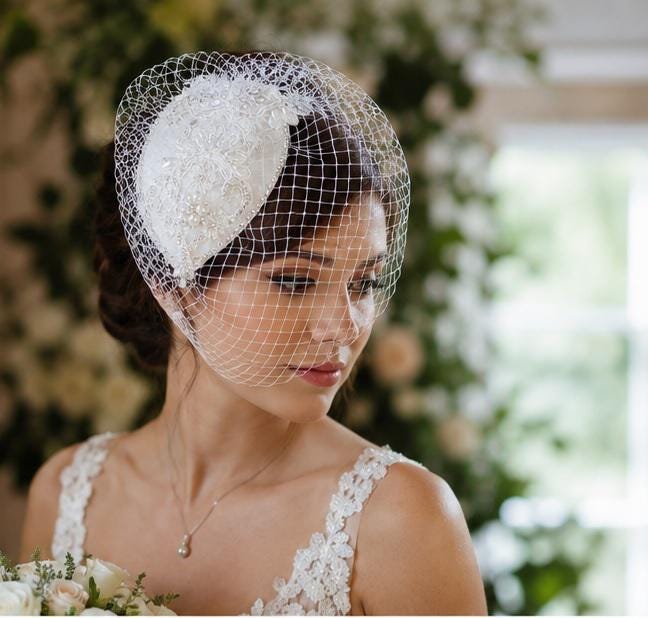 Bridal bird cage veil Fascinator hat White Ivory birdcage veil hat Bridal hatinator Crystal Pearl Fascinator 2Pc Veil & bridal hat headpiece