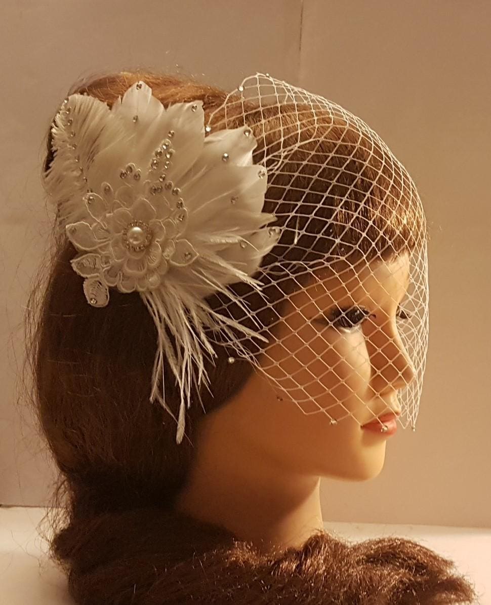 1920s Gatsby Birdcage Veil & Feather Fascinator Set, Crystal Jeweled Bridal Hairpiece