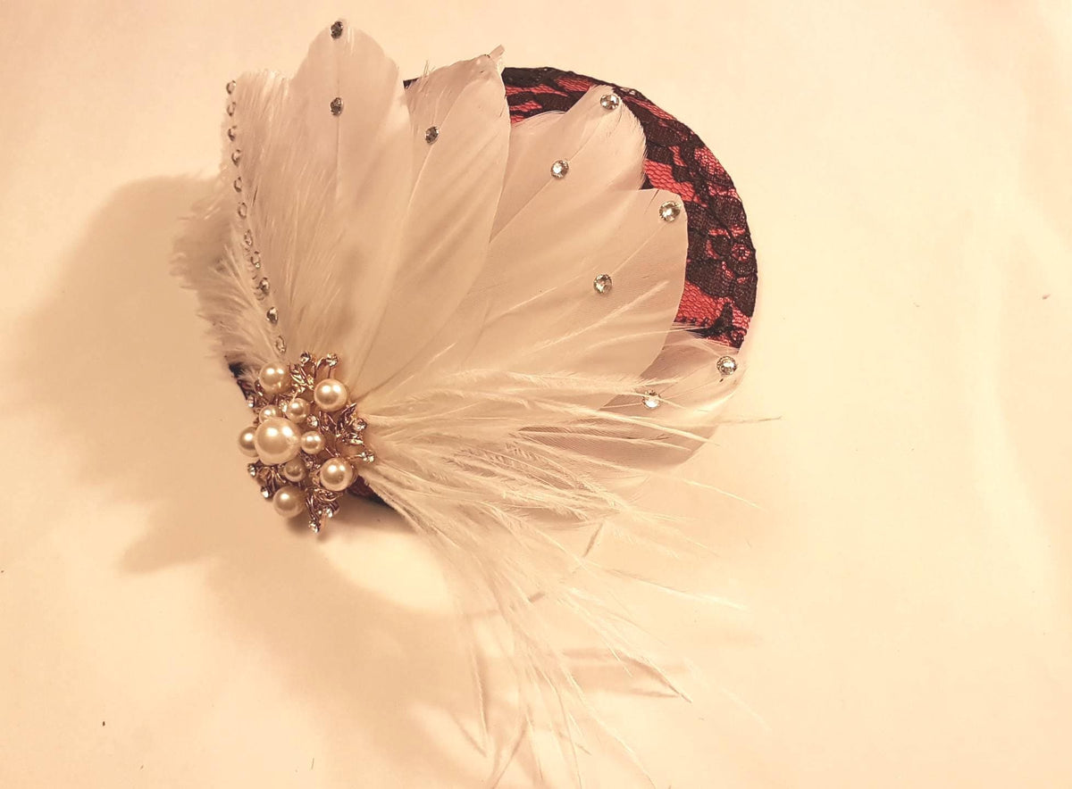 Red & Black Feather Fascinator Hat, Pearl Rhinestone Headpiece