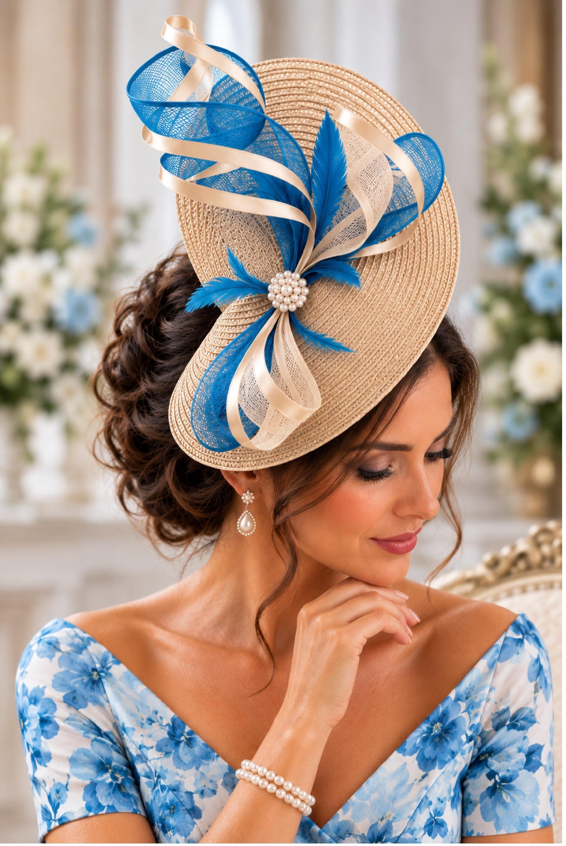 Beige and Turquoise fascinator for wedding,Ascot, cocktail parties. mother of the bride hat fascinator