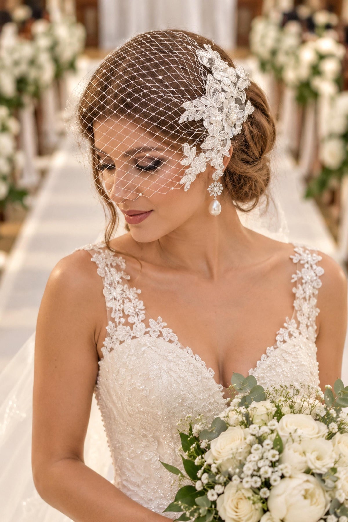 Ivory, White Blushpink Bridal Fascinator with Birdcage Veil - Handmade Wedding Headpiece for Brides