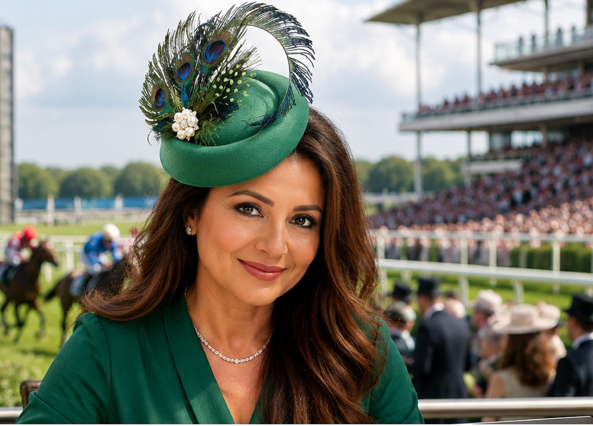 Green Felt Pillbox Hat, Peacock Feather Fascinator, Ascot Races