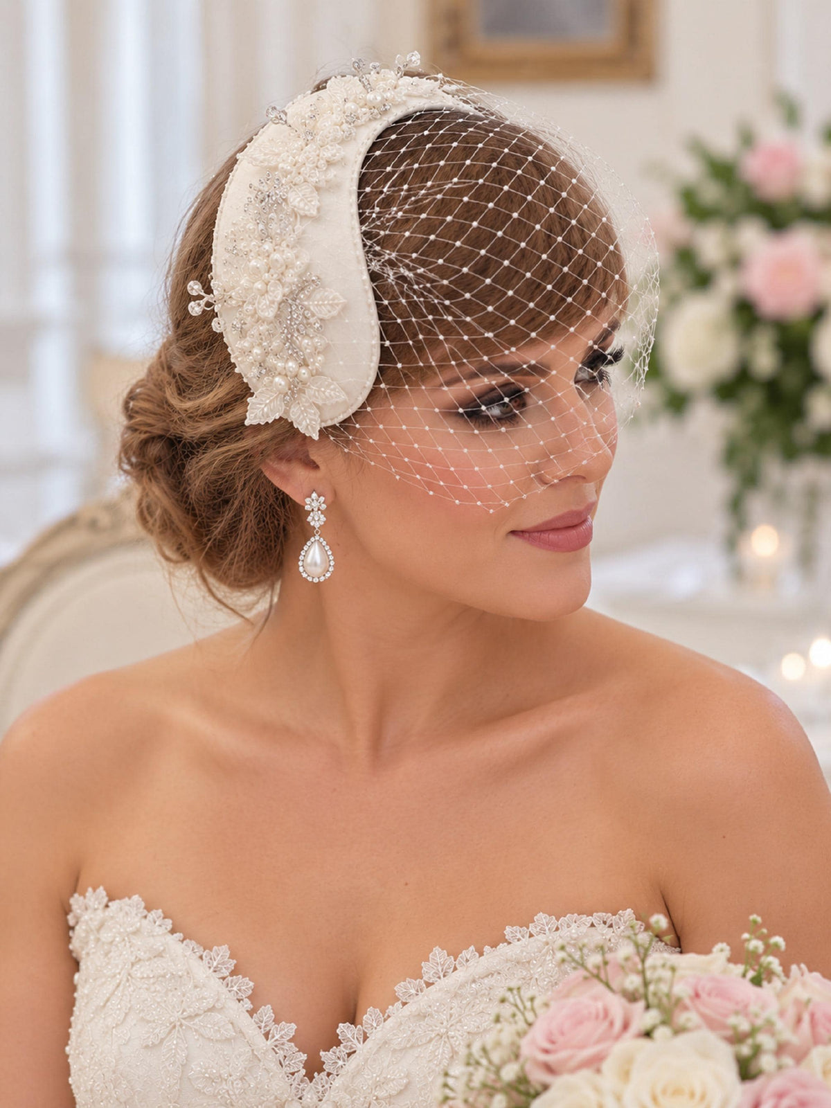 Bridal hat fascinator Blush pink, White,Ivory Wedding Hat with Birdcage Veil