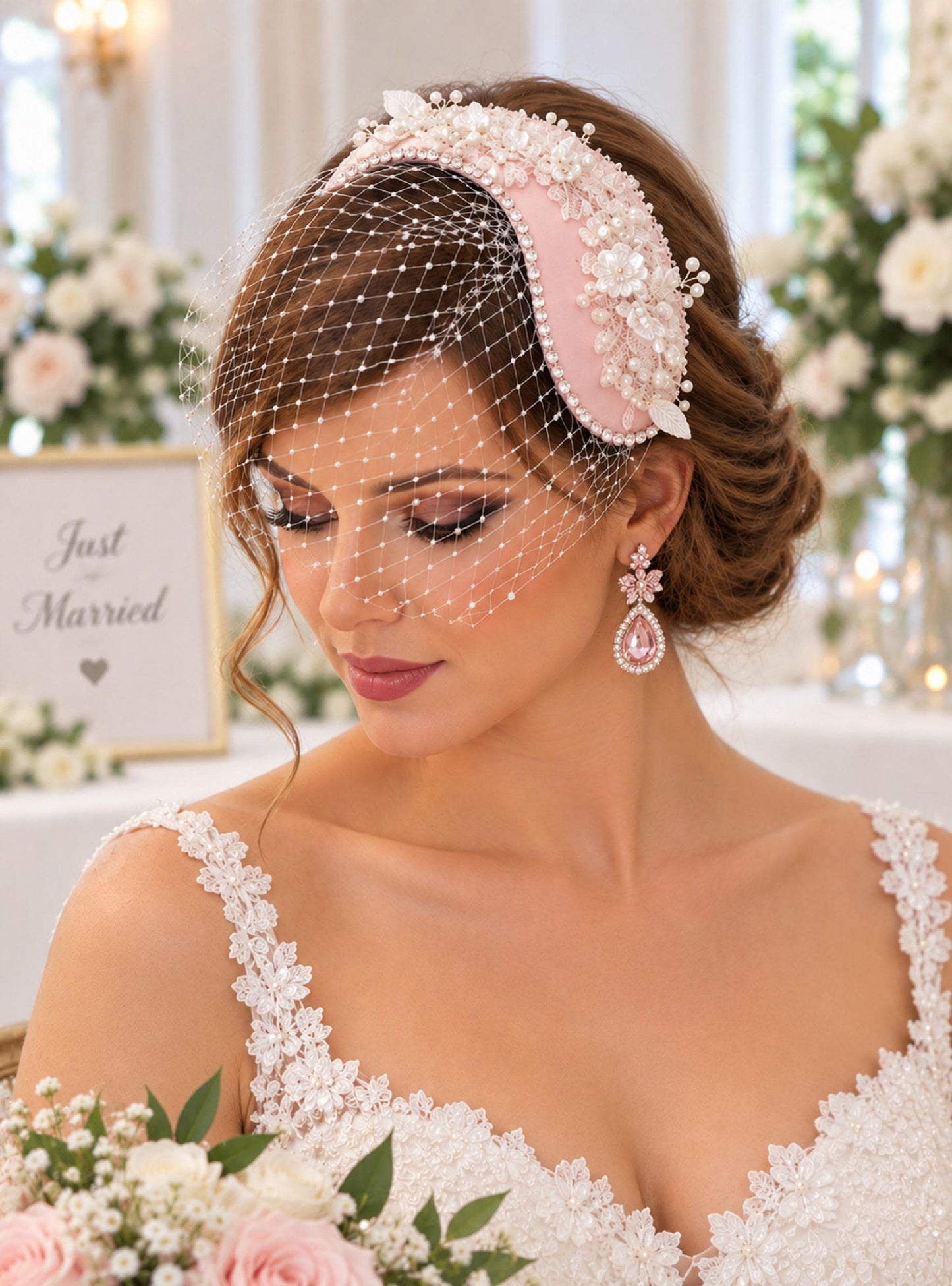 Bridal hat fascinator Blush pink, White,Ivory Wedding Hat with Birdcage Veil