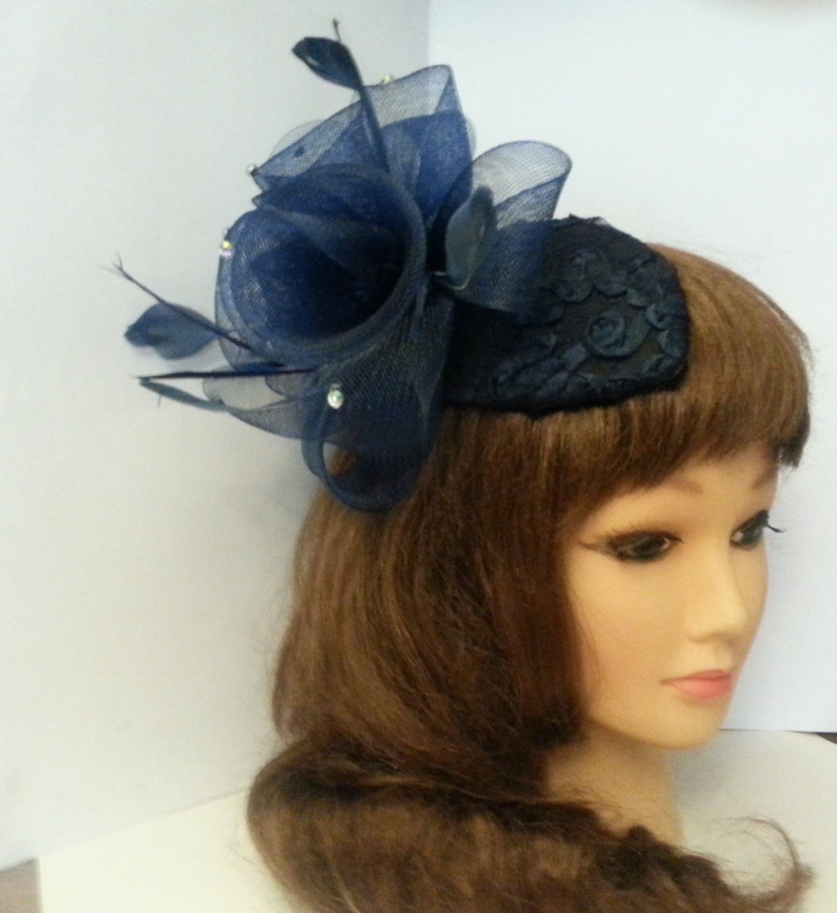 NAVY BLUE HAT fascinator, Hat fascinator blue hat with Crinoline roses Feathers Ascot hat fascinator Wedding,Race,Cocktail