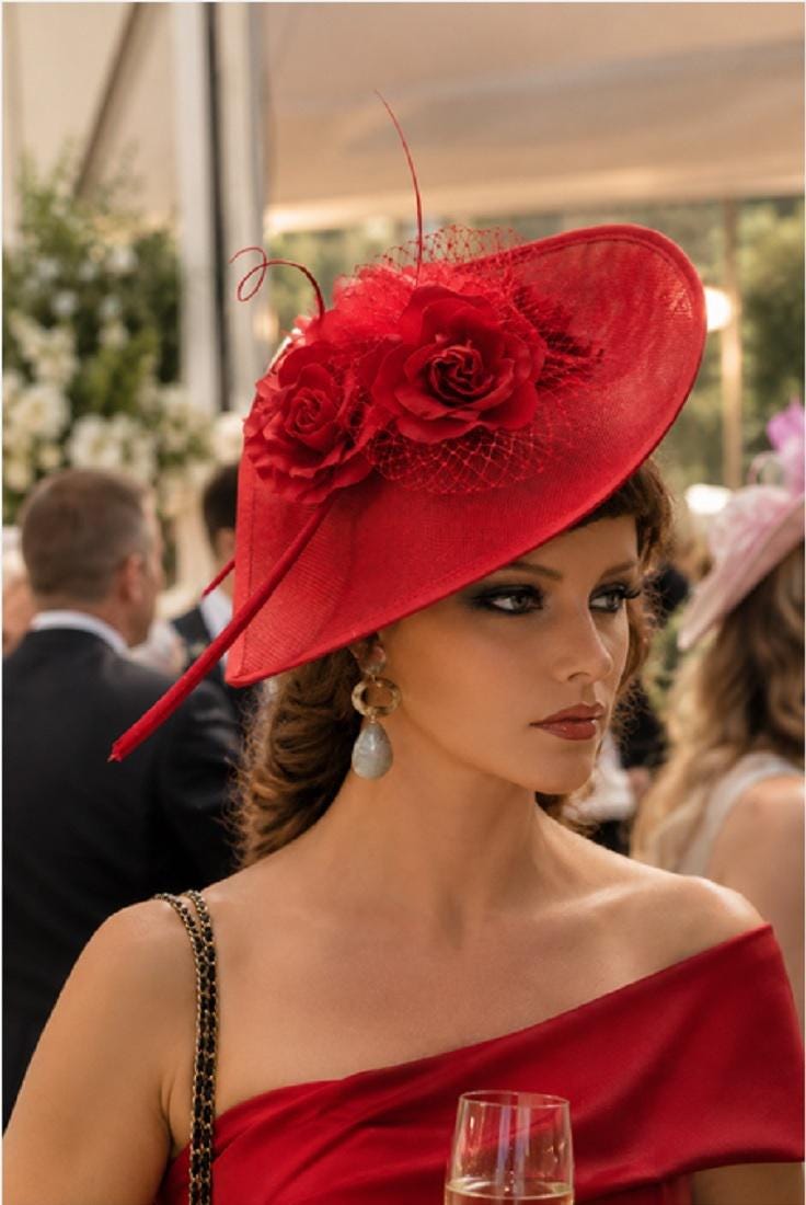 Red Teardrop Fascinator Hat, Velvet Roses, Quill Feather, Sinamay Bow (30cm)