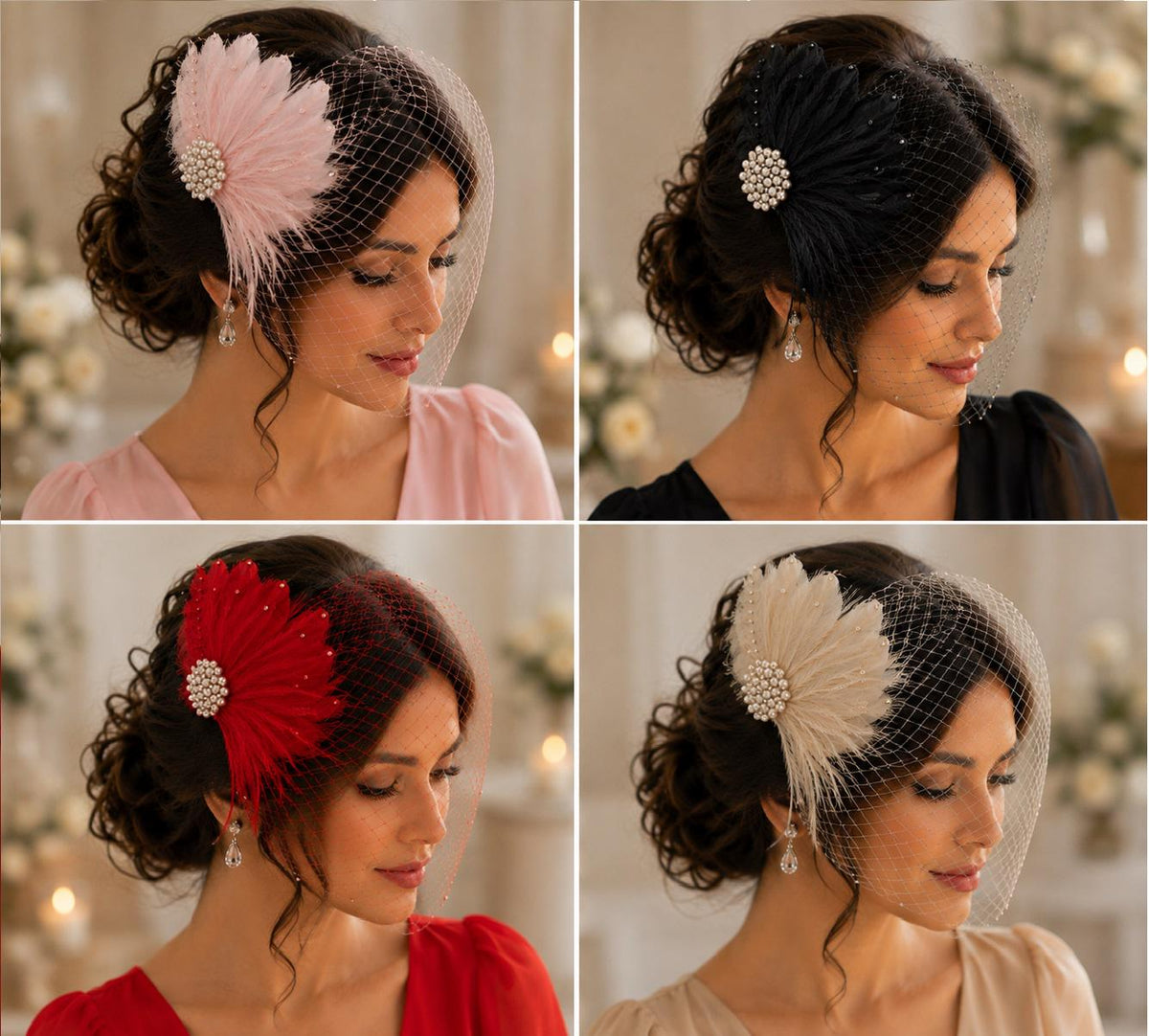 Birdcage veil with feather fascinator clip. Red, black, Ivory,blush pink custom colour