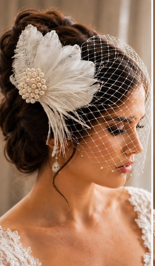 Bridal birdcage veil with feather fascinator clip