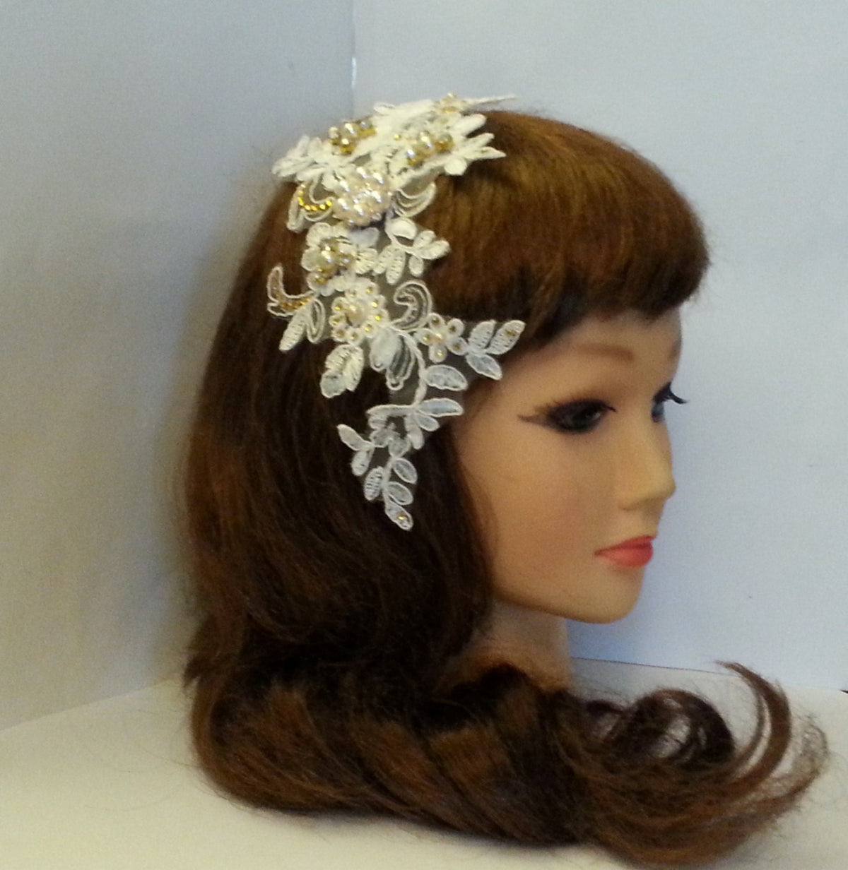 Birdcage veil and fascinator set of 2 White or Ivory w Detachable Lace fascinator GOLD TONE Diamonte Pearls Bridal veil Blusher veil