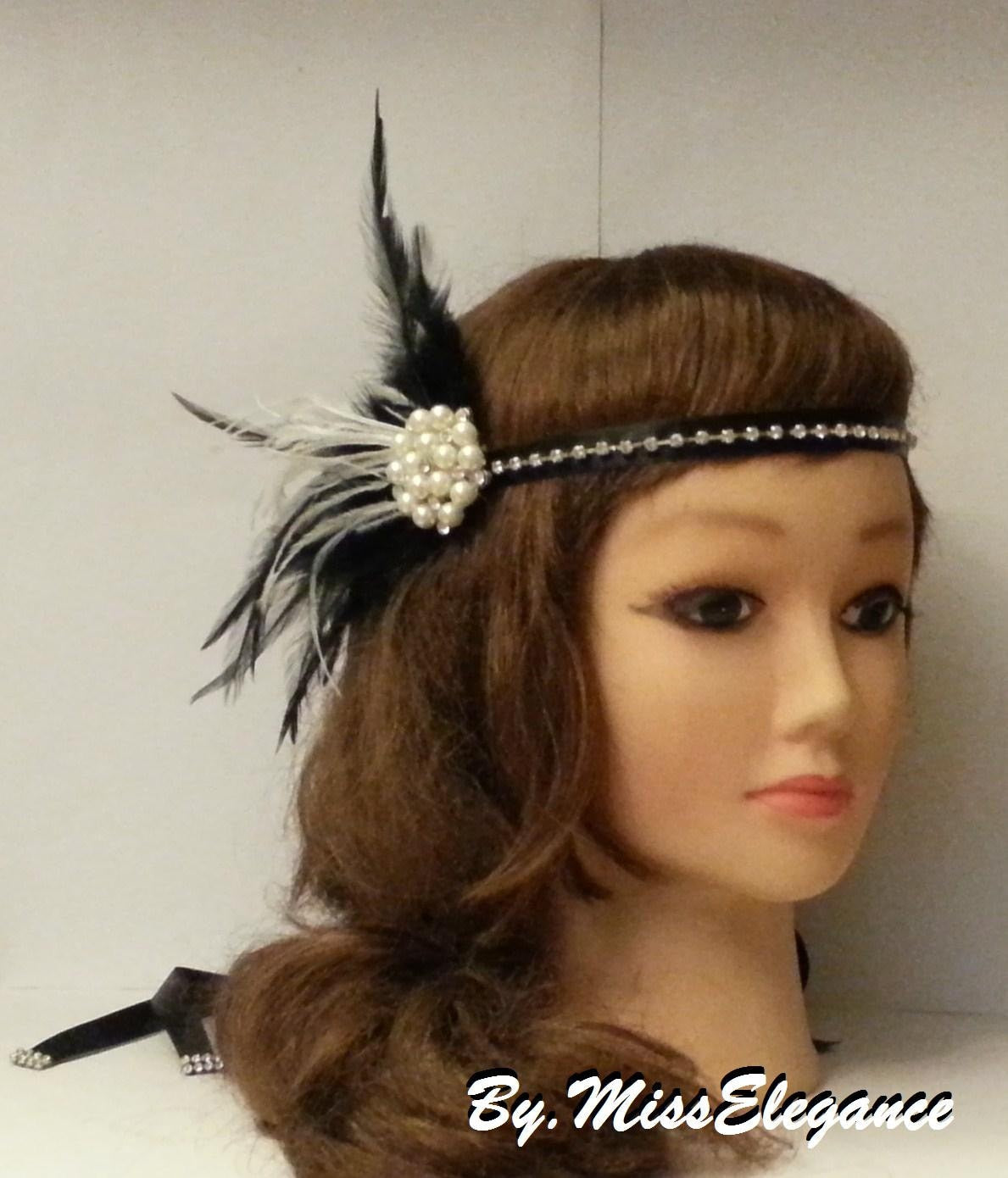 Crystal Beaded Flapper Headband, Silver Plating, Ostrich Feathers