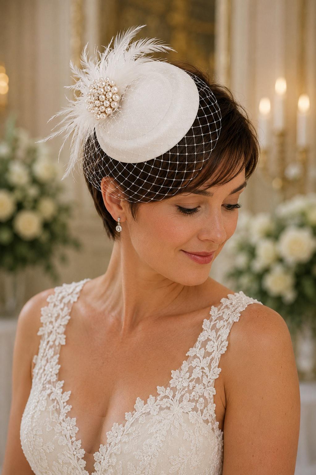 Bridal bird cage veil fascinator Hat#Feather hat fascinator White,Ivory fascinator Blusher Veil