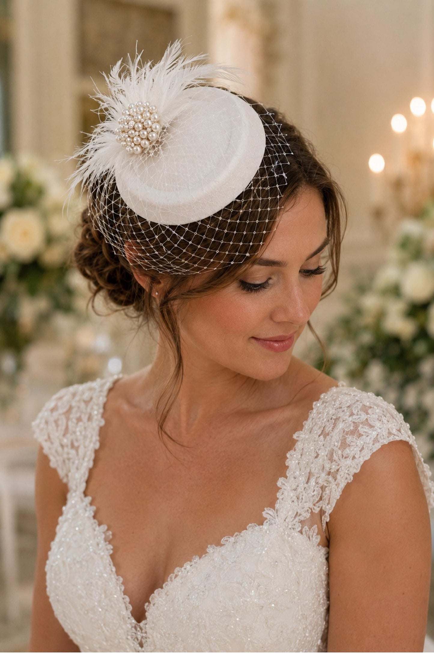 Bridal bird cage veil fascinator Hat#Feather hat fascinator White,Ivory fascinator Blusher Veil