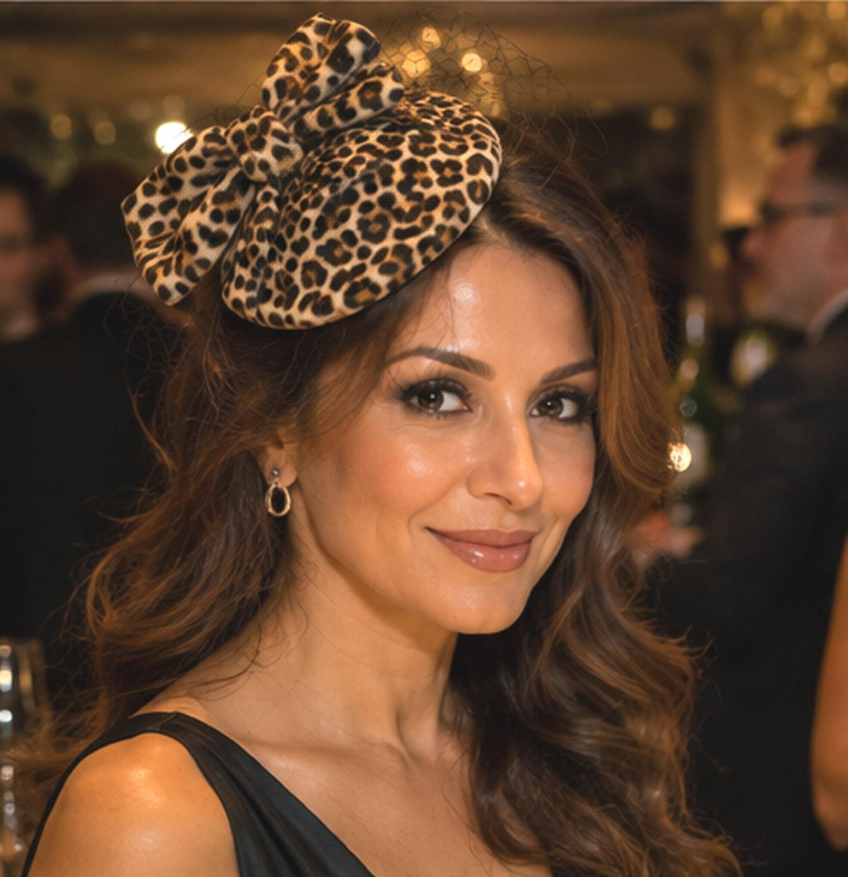 Animal Print Fascinator Hat, Brown Black, Pearl Jewel, Birdcage Veil