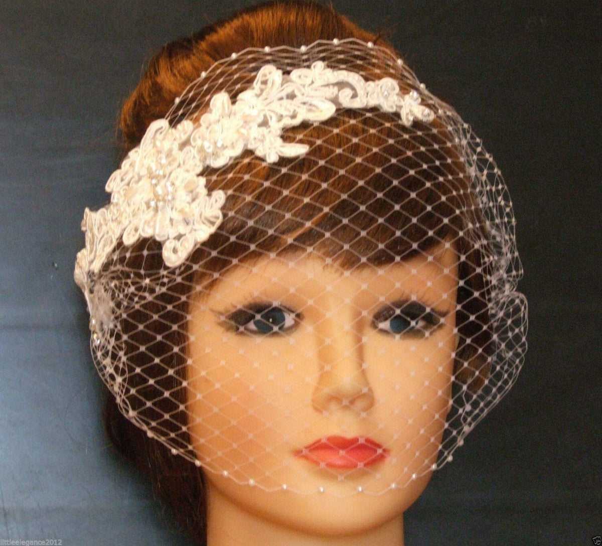 wedding fascinator. White or Ivory birdcage veil with lace motif