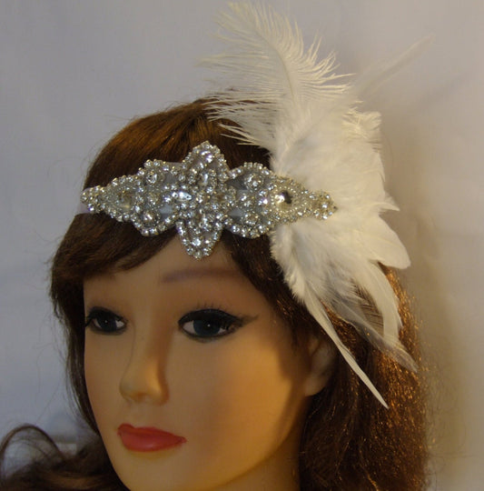 Gatsby feather headband with rhinestones feather accent.