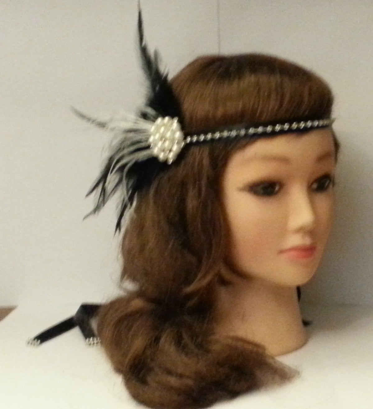 Crystal Beaded Flapper Headband, Silver Plating, Ostrich Feathers