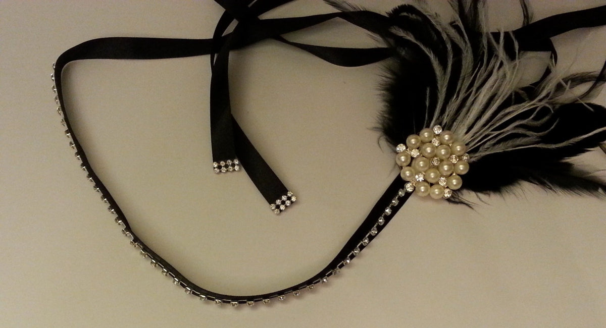 Crystal Beaded Flapper Headband, Silver Plating, Ostrich Feathers