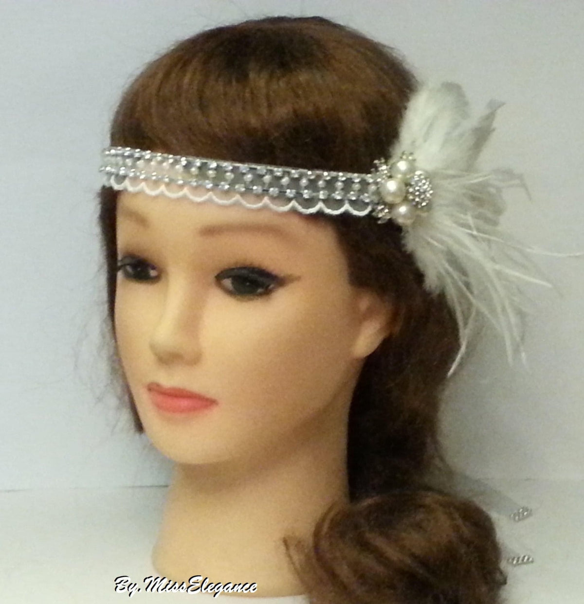 1920s Flapper Headband, Bridal Crystal Beaded Lace, Ostrich Feather Fascinator