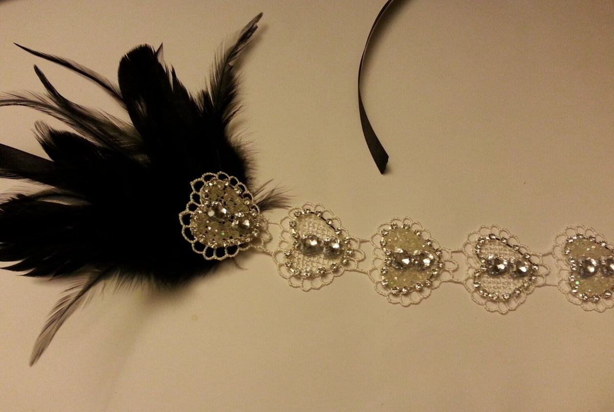 1920s Flapper Headpiece, Bridal Gatsby Headband Crystal Beaded Heart Motif forehead Headband Vintage 1920's-40's sparkly Feather headband