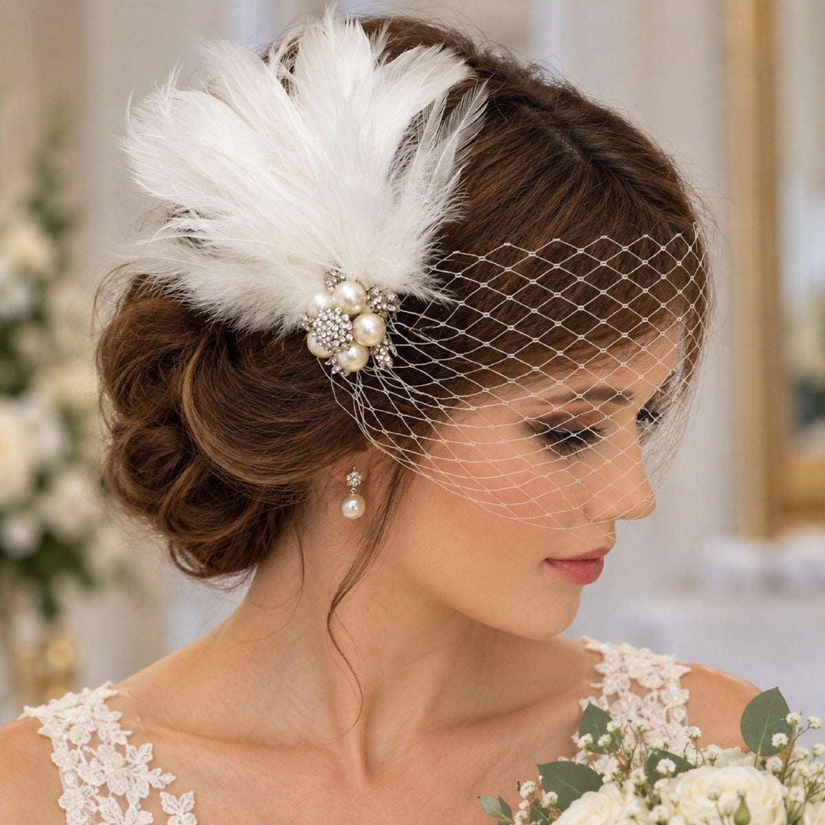 Feather Fascinator Gatsby fascinator #1920s wedding fascinator Bridal Bandeaue birdcage Veil Crysal Pearl Gatsby Feather Clip headpiece