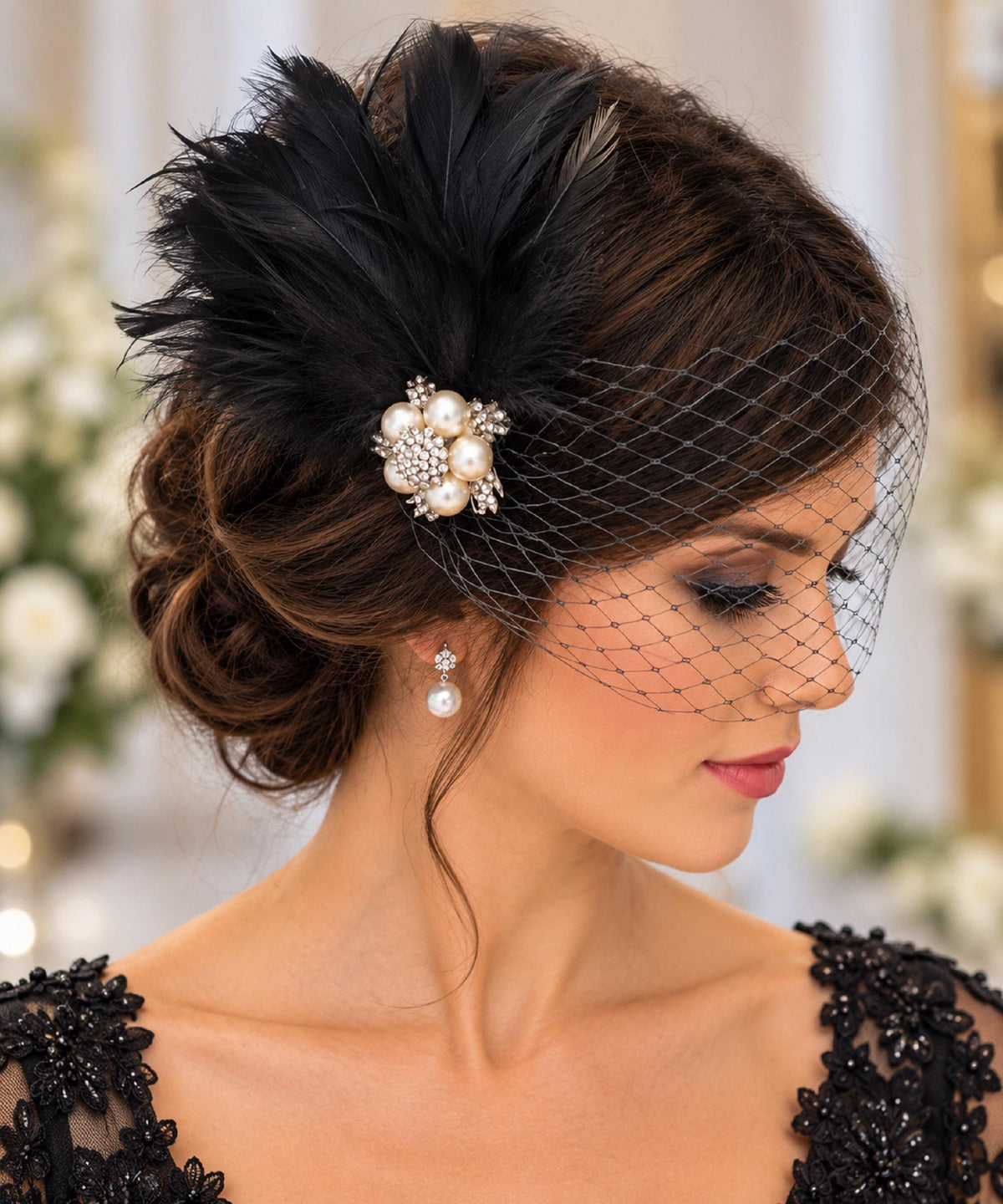 Black birdcage veil with feather clip