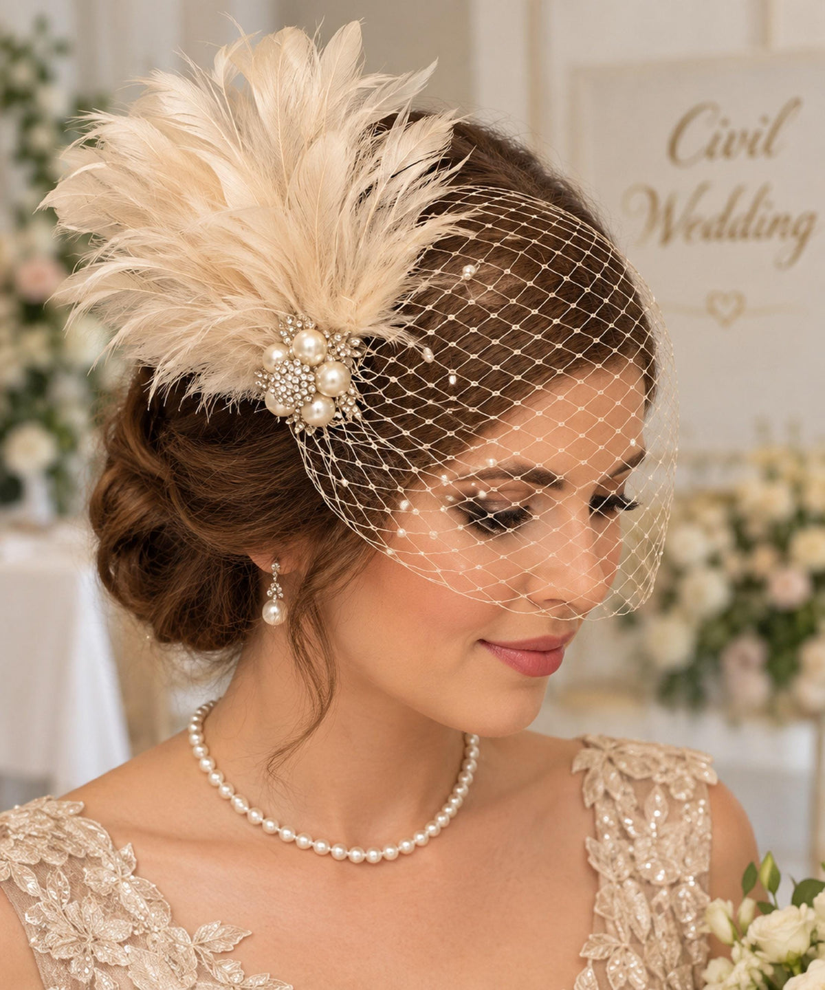 Champagne birdcage veil with feather clip