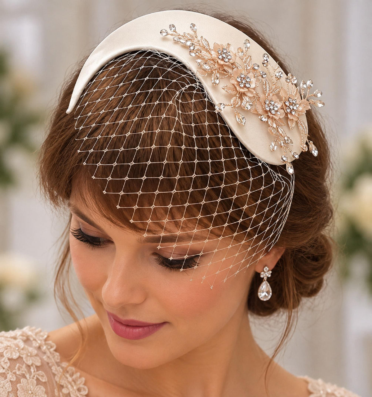 BRIDAL FASCINATOR hat Champagne wedding #fascinator bridal hair accessory 2Pc set Mini Bridal birdcage veil & hat Bridal Hat fascinator
