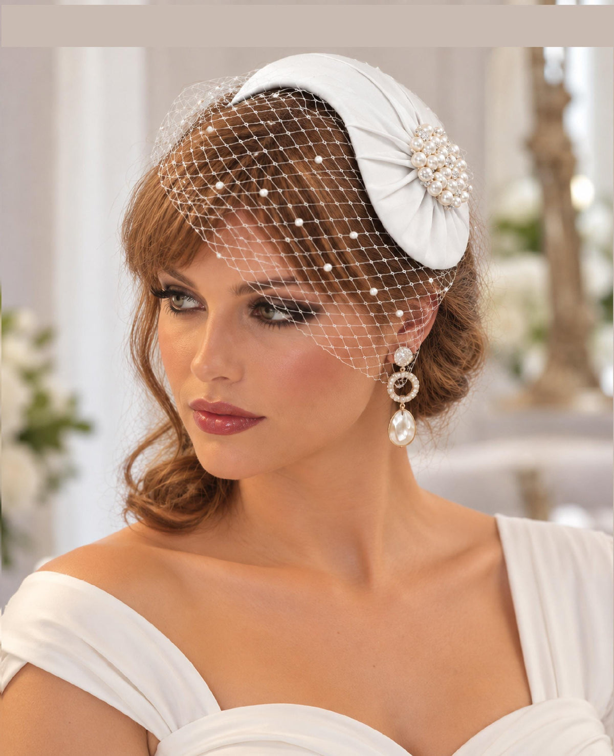 UK made Bridal PINK hat Fascinator with birdcage veil White, Ivory,Champagne, Wedding hair accessory 2Pc unique asymmetrical hat & Face veil
